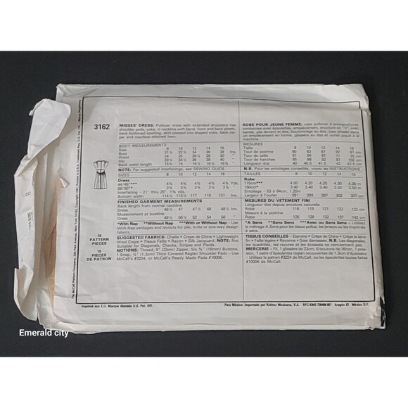 Vtg McCall’s Pattern #3162 Miss 8  Pull-over Dress 1987 Shoulder Pads Cut - Picture 3 of 6